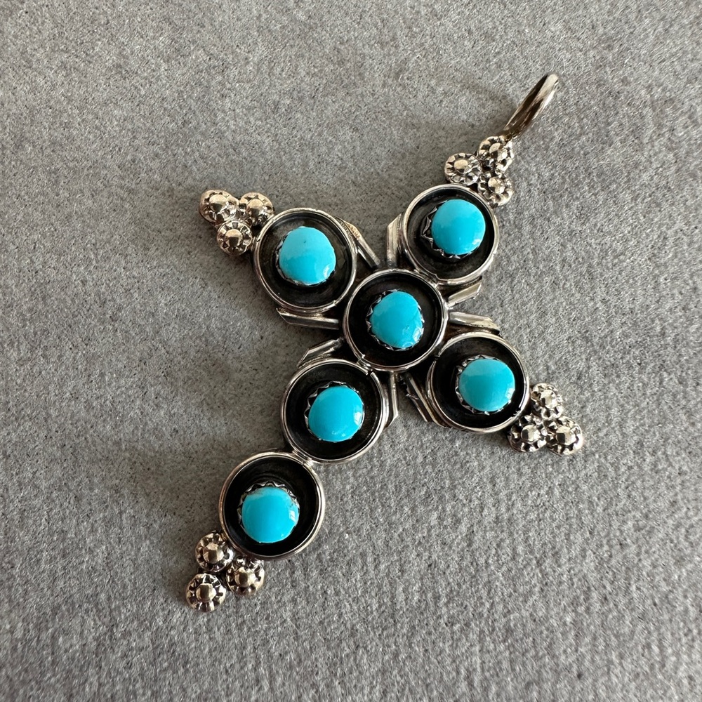 Turquoise & Sterling Silver Indian Cross Pendant - Picture 2 of 4